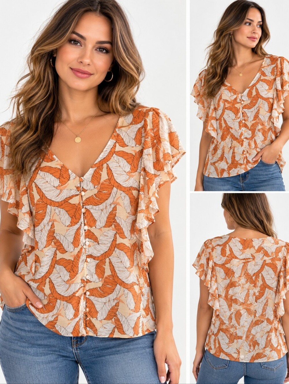 Nine West Orange Cream Leaf Print Ruffle V-Neck Blouse Women’s Size Small Boho